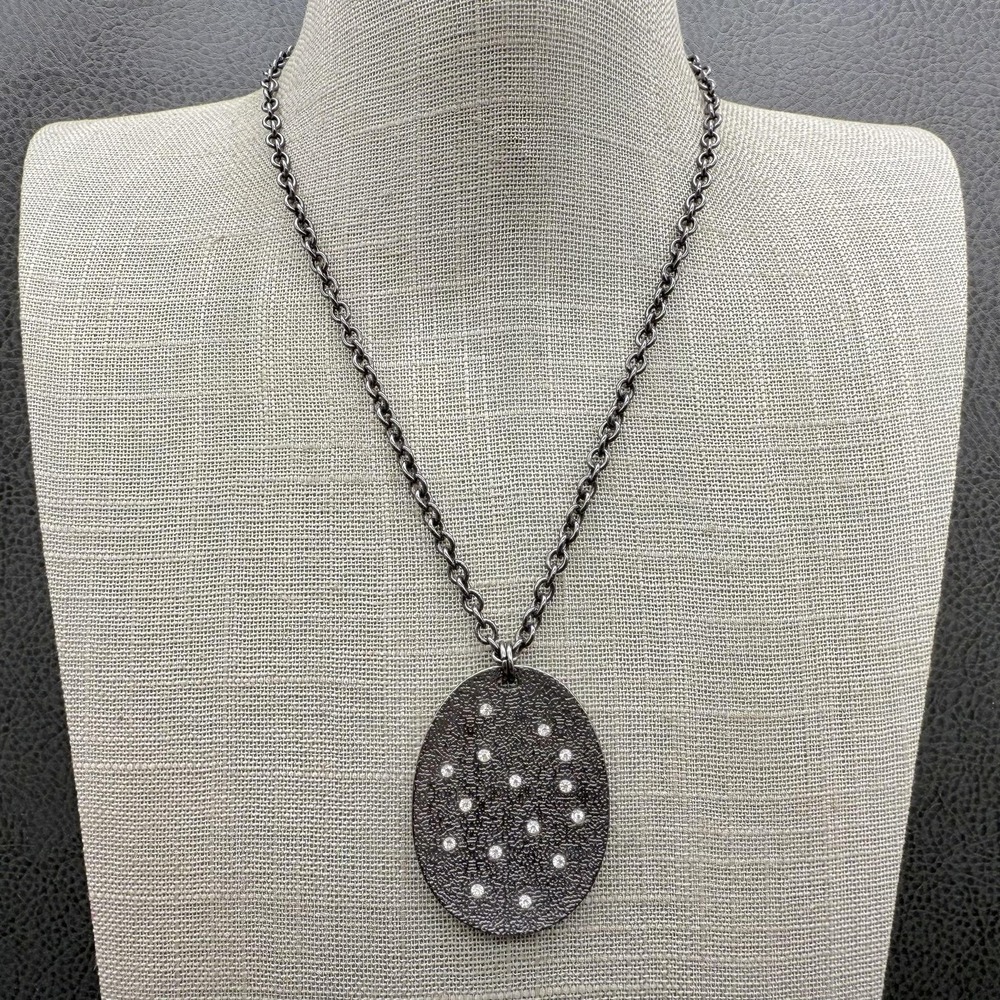 Dana Buchman Necklace Oval Crystal Gunmetal Pendant Womens Adjustable Chain 18"